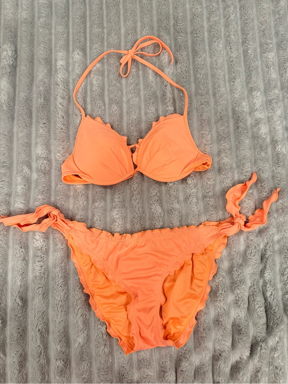 Victoria's Secret Coral Orange Ruffle Bikini Top Sz 34B and bottom Sz M